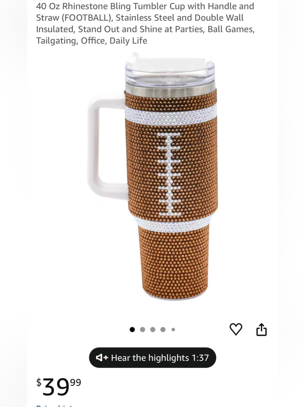 Marlu Trenz Rhinestone Football Travel Tumbler with Handle - Brown and White